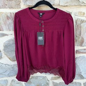 FRYE Wine Red Puff Sleeve Lace Trim Boho Peasant Blouse Size Small